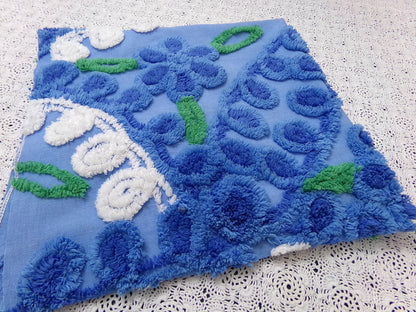Vintage Midnight Blue Chenille Bedspread Fabric Abstract Celestial Florals 24x25"