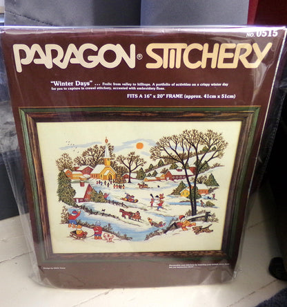 WINTER DAYS Vintage Crewel Embroidery Kit Paragon Needlecraft 0515 Whimsical Snow Scene, Adele Veres Design