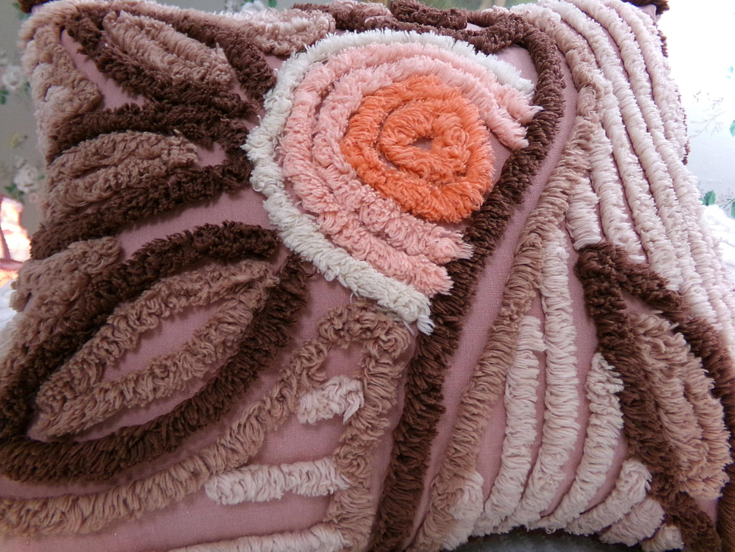 Sunset Rose Boho Vintage Chenille Pillow Cover & Insert, 13" x 14" inches, Handmade Decorative Accent Pillow, Hippie Home Decor