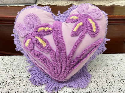 Vintage Heart Chenille Pillow, Shabby Iris Floral Reversible Fringed Design