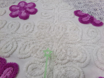 Violets in Snow Vintage Cotton Chenille Fabric - Plush Florals in White Curlicues, Quilt & Craft Material, 20" x 17" Piece