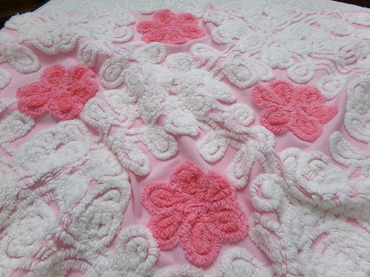 Strawberry Pink Vintage Chenille Fabric Whimsical Floral Sewing Material 21" x 21"