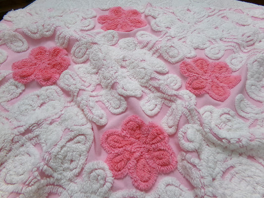 Strawberry Pink Vintage Chenille Fabric Whimsical Floral Quilt Material 21x21"