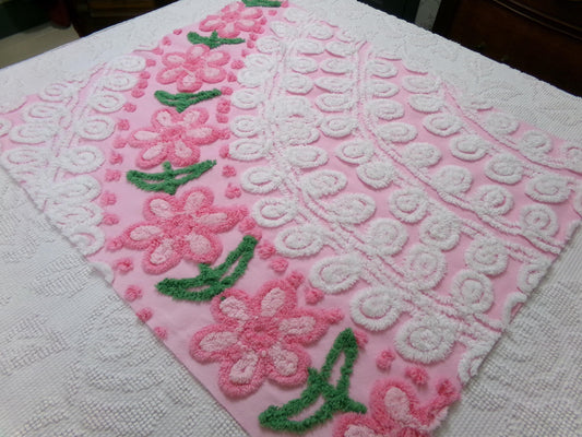 Flower Arch Vintage Chenille Bedspread Fabric, Pink Floral Sewing Material 20" x 24" Piece