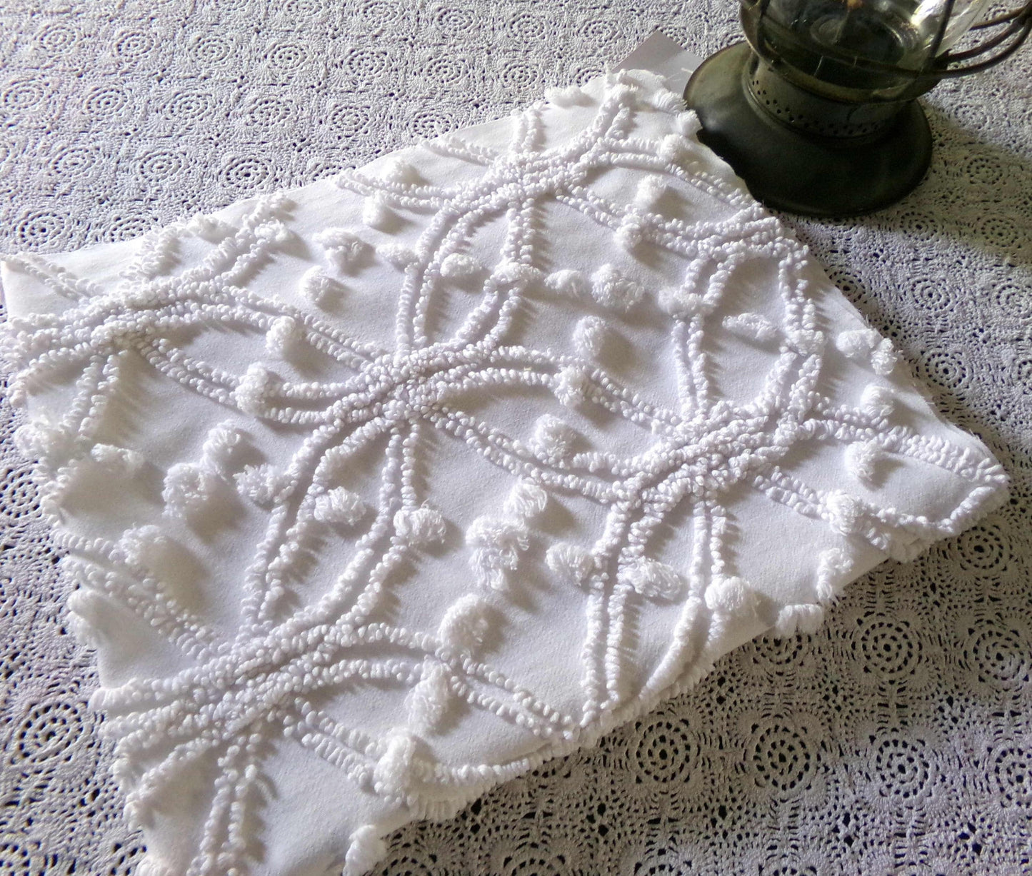 Classic White Vintage Chenille Fabric, Wedding Ring Pops Sewing & Quilt Material 20" x 25