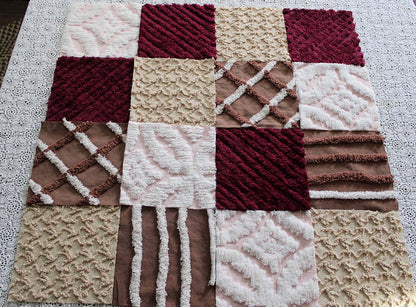 chocolate berry vintage chenille fabric squares, 16 quilt blocks, 6" inches ea, great shades of brown, merlot, mocha, white