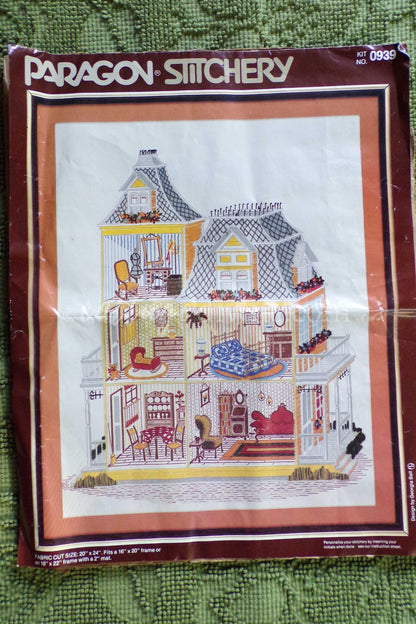 Cozy Victorian Doll House Crewel Stitchery Kit, Rare Paragon Needlecraft Vintage Embroidery 0939 Dollhouse, OPEN Pkg, Georgia Ball