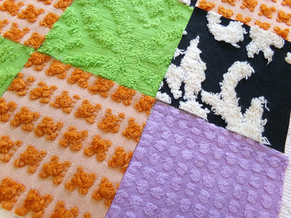 boho witchy vintage chenille fabric squares, set of 16 spellbinding 6" blocks for crafts, sewing in orange, black, green & lavender