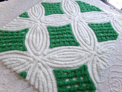 Vintage Chenille Bedspread Fabric, Preppy Kelly Green White Geometric, 20x23"