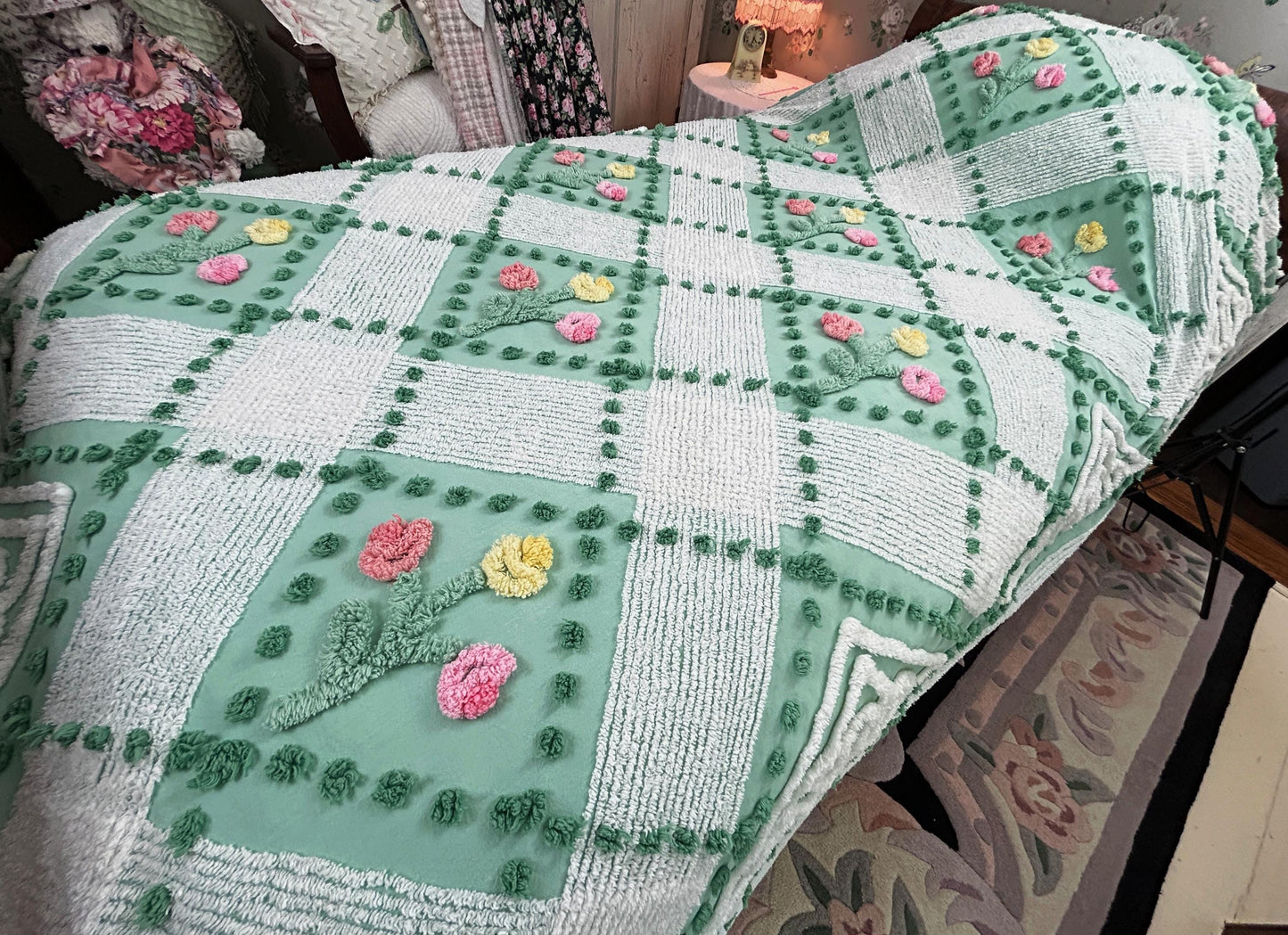 Mint Green Floral Vintage Chenille Bedspread, Cottage Garden Trellis Flowers, Full
