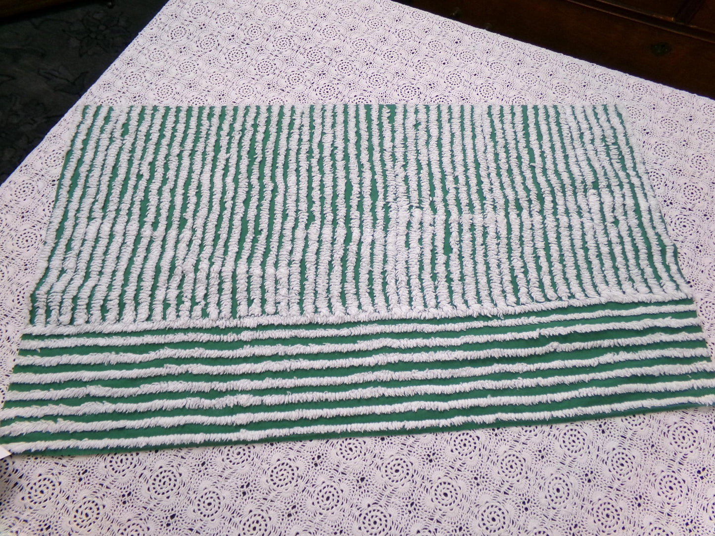 Green & Snow White Vintage Chenille Bedspread Fabric, Geometric Stripes 15" x 26" piece