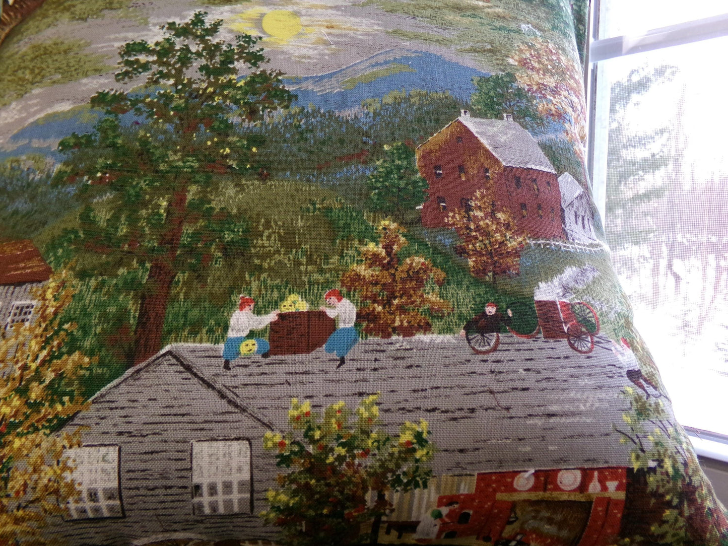 Vintage Barkcloth Pillow Grandma Moses Halloween Folk Art w/ Velvet Back Handmade Americana