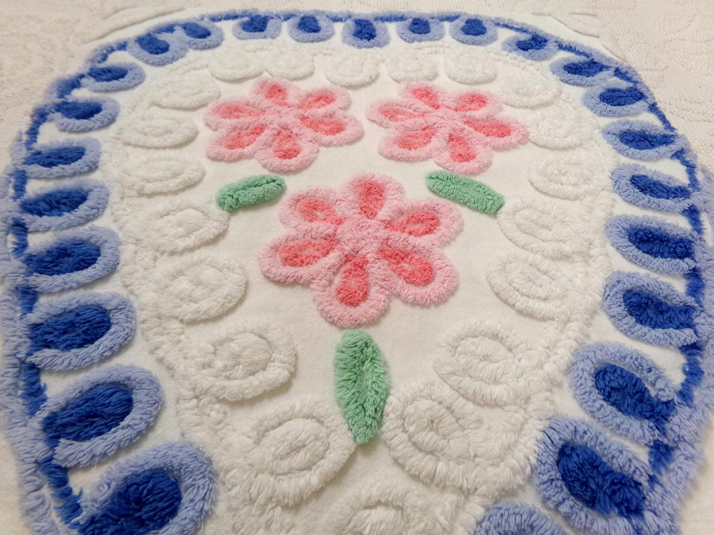 Sweetheart Floral Vintage Chenille Fabric, Pink & Blue Sewing Material 17.5" x 17" Piece