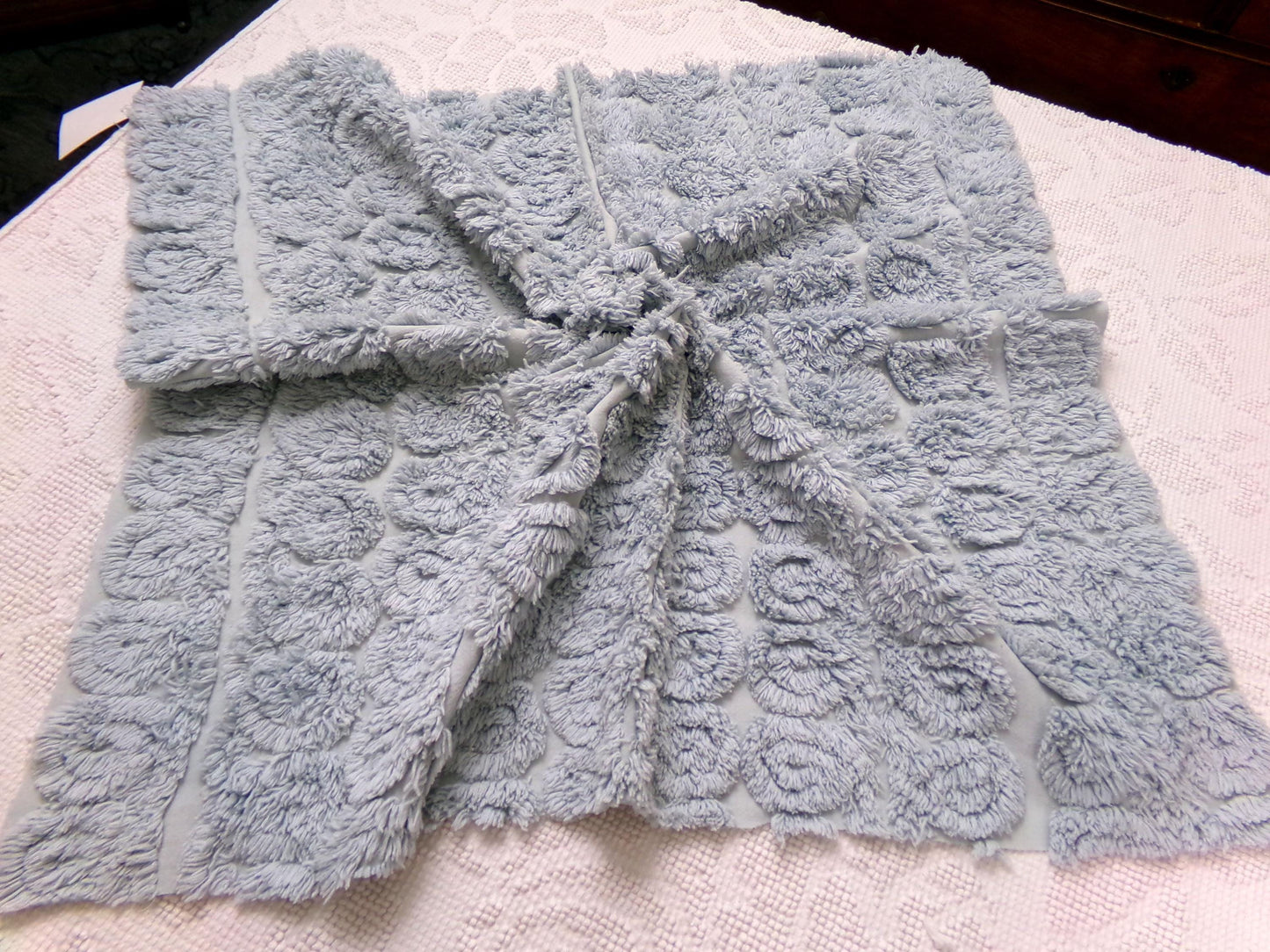 Stardust Blue Vintage Chenille Fabric 22 x 25" Plush Curlicues Quilt Material