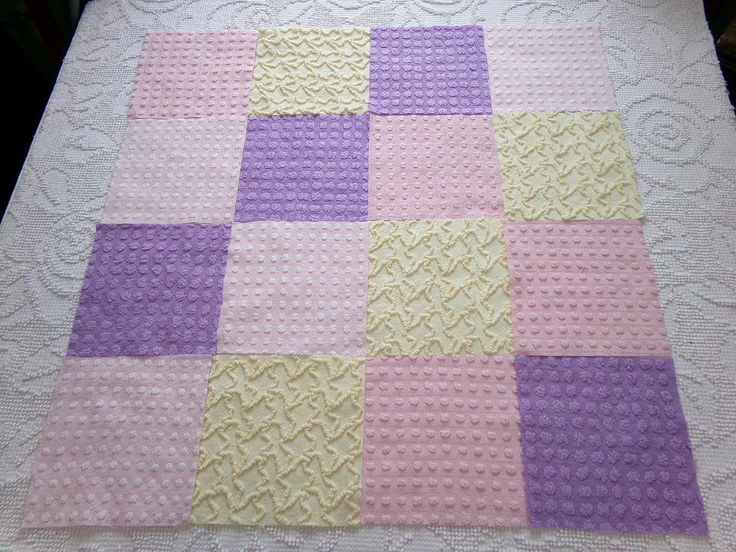 fairy magic 6" vintage chenille fabric squares, set of 16 pink, yellow & lavender quilt blocks for quilting, sewing, crafts