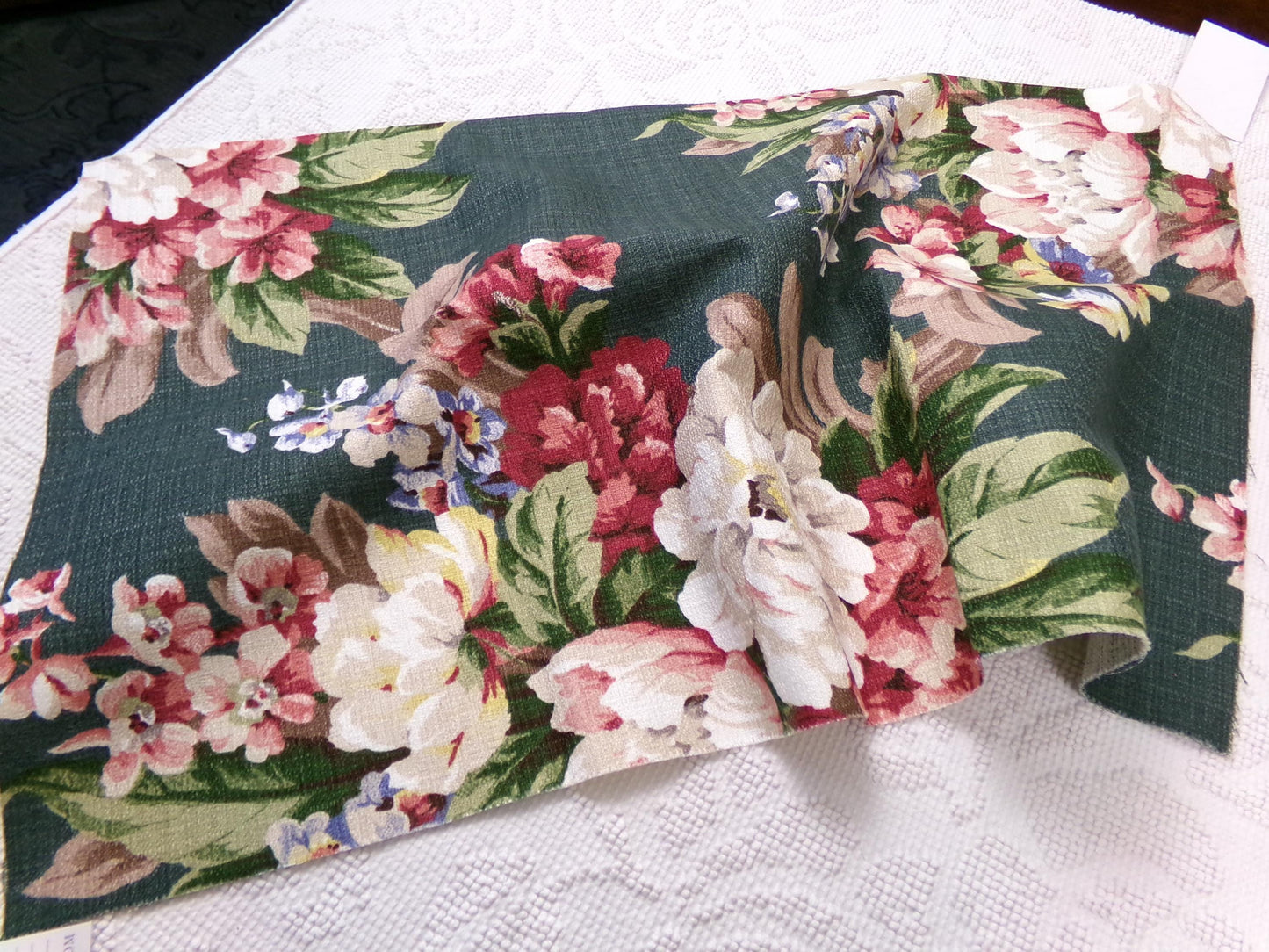 Vintage 1940s Style Repro Barkcloth Fabric Dark Green Cottage Garden Floral, 15.5" x 26"