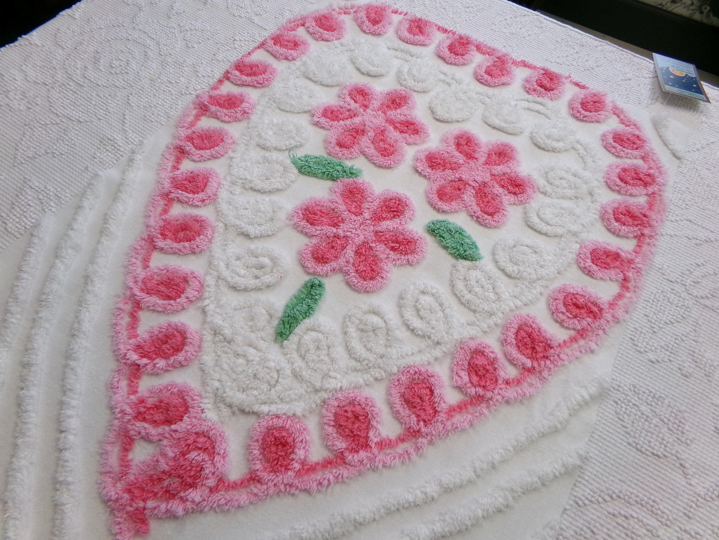 big pink heart vintage chenille fabric, popular floral center pattern, 16" x 26" piece of sewing material for quilting, crafts
