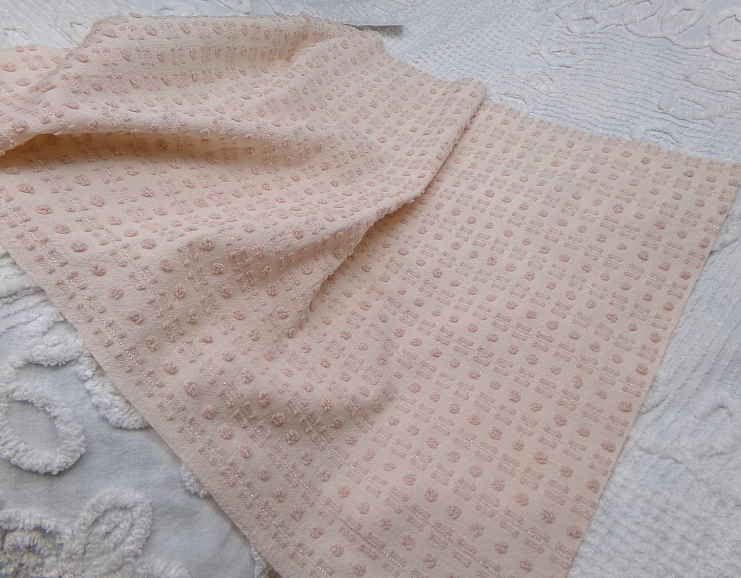 Vintage Chenille Bedspread Fabric, Neutral Fleshtone Lightweight Pop Dot Dash Sparkle 18"x24"
