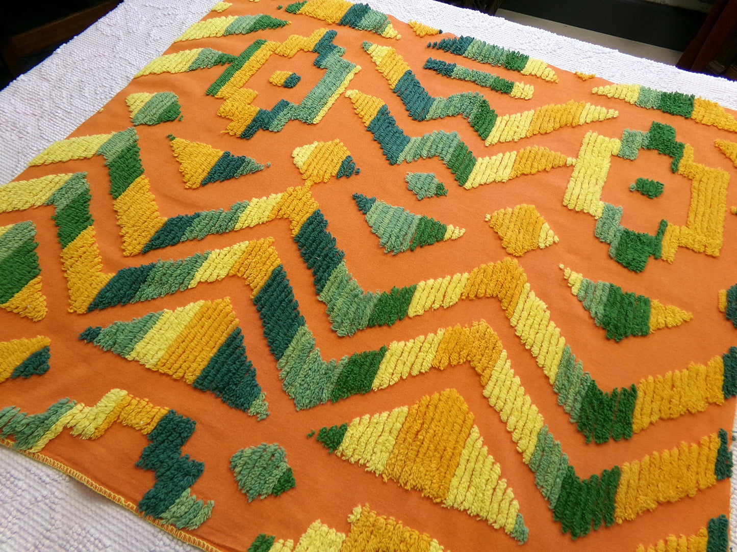 ethnic boho Southwestern vintage chenille fabric, vivid Aztec design, 20" x 24" piece of orange cotton sewing material for pillows, quilts
