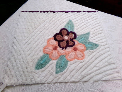 Vintage Chenille Fabric Piece, Magnolia Florals on White, 19" x 23" Sewing Material