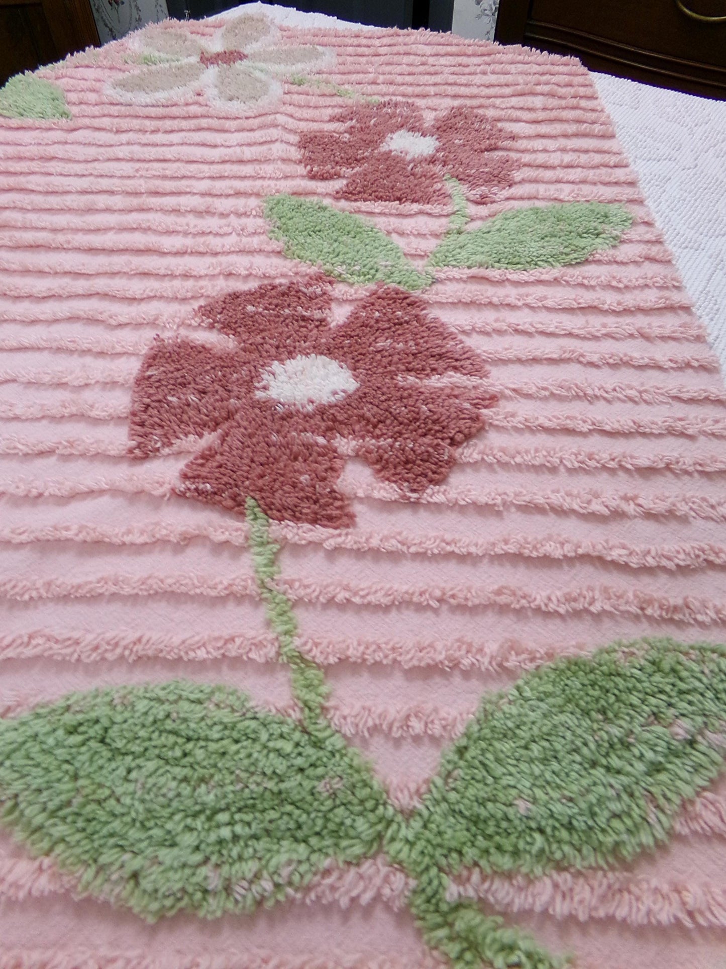 pink vintage chenille bedspread fabric, rambling floral vine sewing craft material 19" x 36"