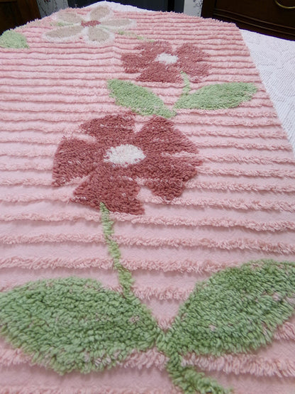 pink vintage chenille bedspread fabric, rambling floral vine sewing craft material 19" x 36"