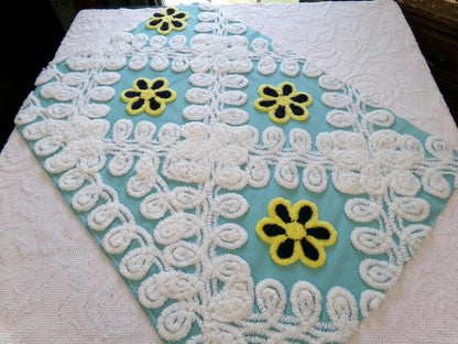 beach chic vintage chenille fabric, bubble white, seaglass blue, 21" x 30" piece of cotton sewing material for crafts, quilts, pillows