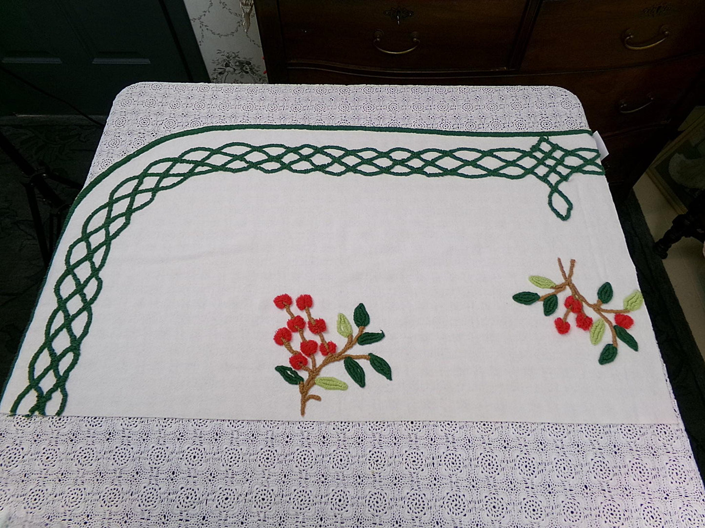Farmhouse Cherry Vintage Chenille Bedspread Fabric 19x27" Piece