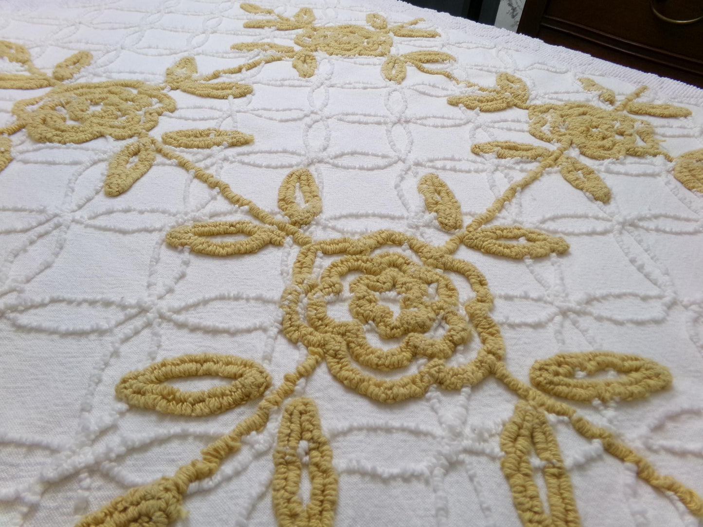 Vintage Tufted Chenille Fabric Piece, Directional Golden Rose Sewing & Quilt Material 22" x 26"