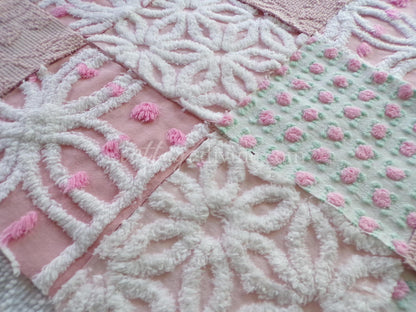 angel pink vintage chenille fabric squares, rosebuds, daisy patterns, set of 16 quilt blocks, 6" x 6" each, pretty in patchwork pillows