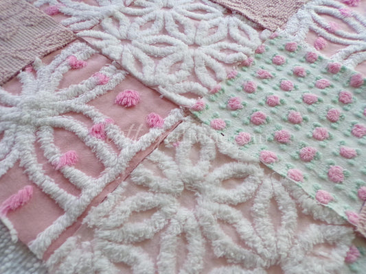 angel pink vintage chenille fabric squares, rosebuds, daisy patterns, set of 16 quilt blocks, 6" x 6" each, pretty in patchwork pillows