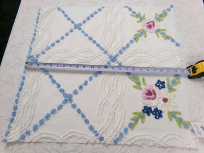 Shabby Coastal Vintage Chenille Fabric, Blue & White Floral Sewing Material 21" x 23" Piece