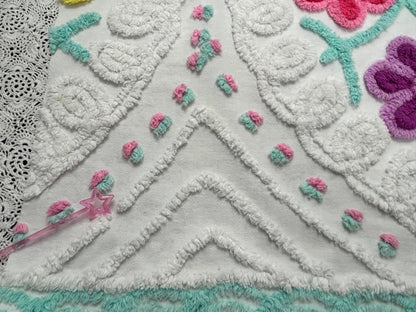 Sweetie Heart Vintage Chenille Bedspread Fabric Seafoam Curlicues 20x26" Textile