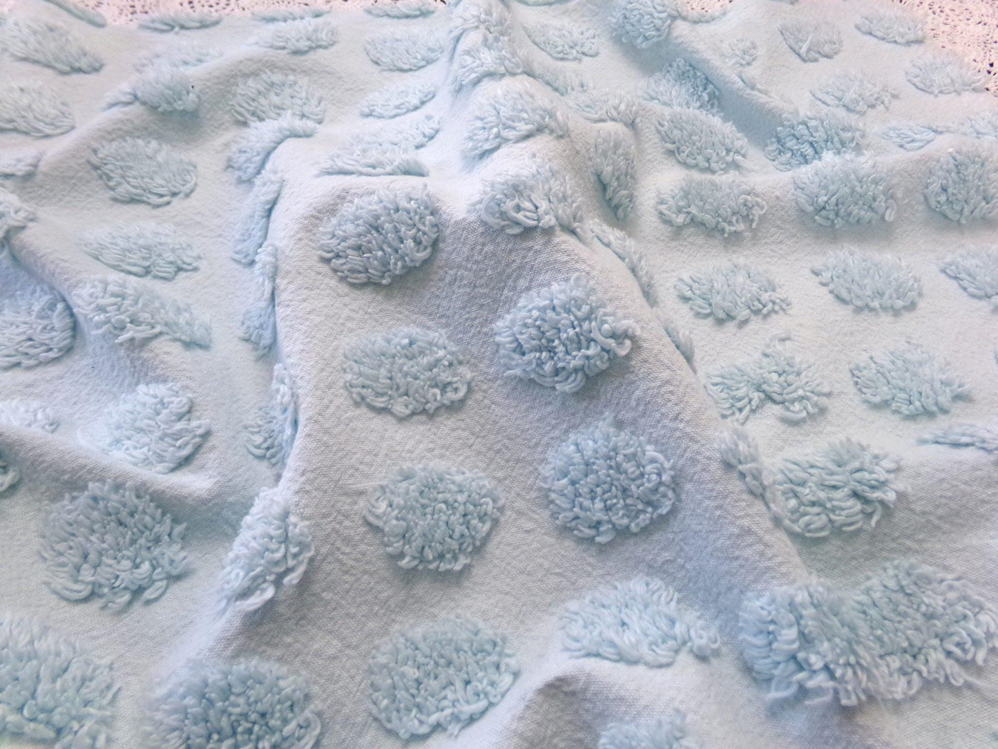Refreshing Aqua Vintage Style Chenille Bedspread Fabric Coin Dot Pops 18x24"