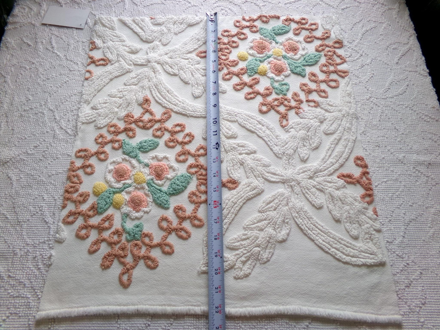 vintage chenille bedspread fabric, natural boho floral 20" x 20" piece sewing material