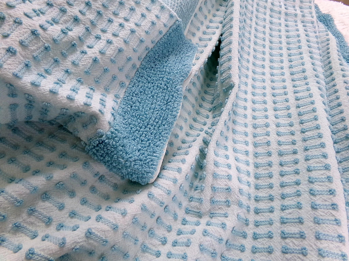 Powder Blue Vintage Chenille Bedspread, Texturized Barbells & Shag Edge Morgan Jones Full Sz