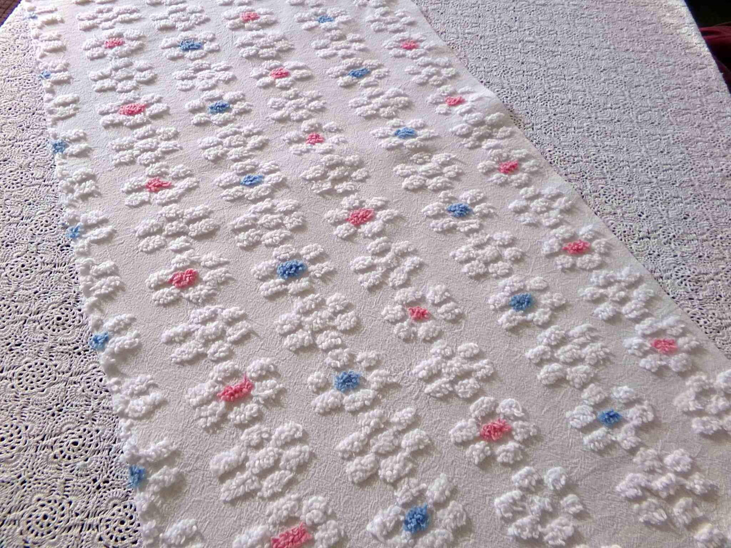 Vintage Style Chenille Fabric, Y2K Daisy, White, Pink & Blue, 22x26" Piece
