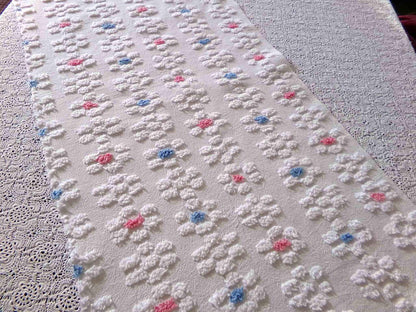 Vintage Style Chenille Fabric, Y2K Daisy, White, Pink & Blue, 22x26" Piece