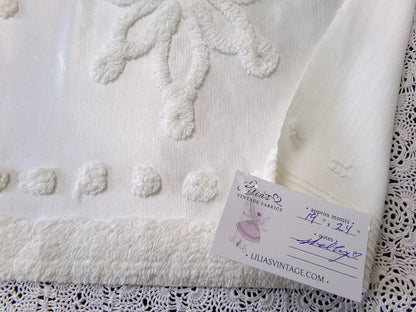 Tufted White Satin Vintage Chenille Bedspread Fabric, Shabby Romantic 19x24"