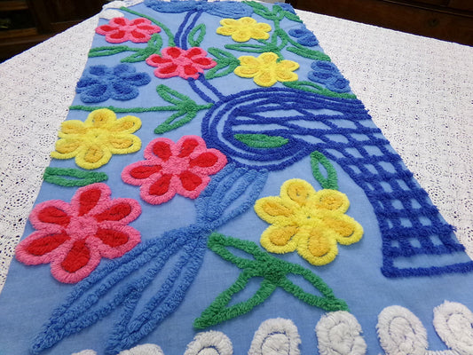 Multicolor Blue Vintage Chenille Bedspread Fabric 16.5x30" Piece Bright Florals