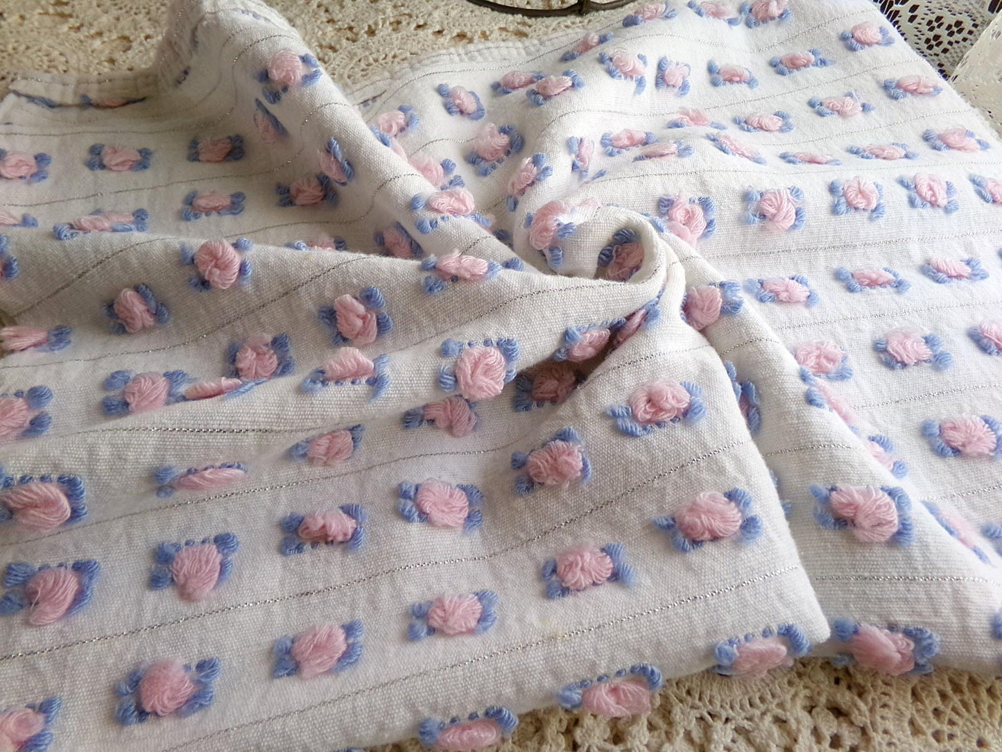 pink rosebud vintage chenille fabric, 20" x 24" inch cut piece of quilt material with tufted roses, blue leaves & shimmer silver lurex