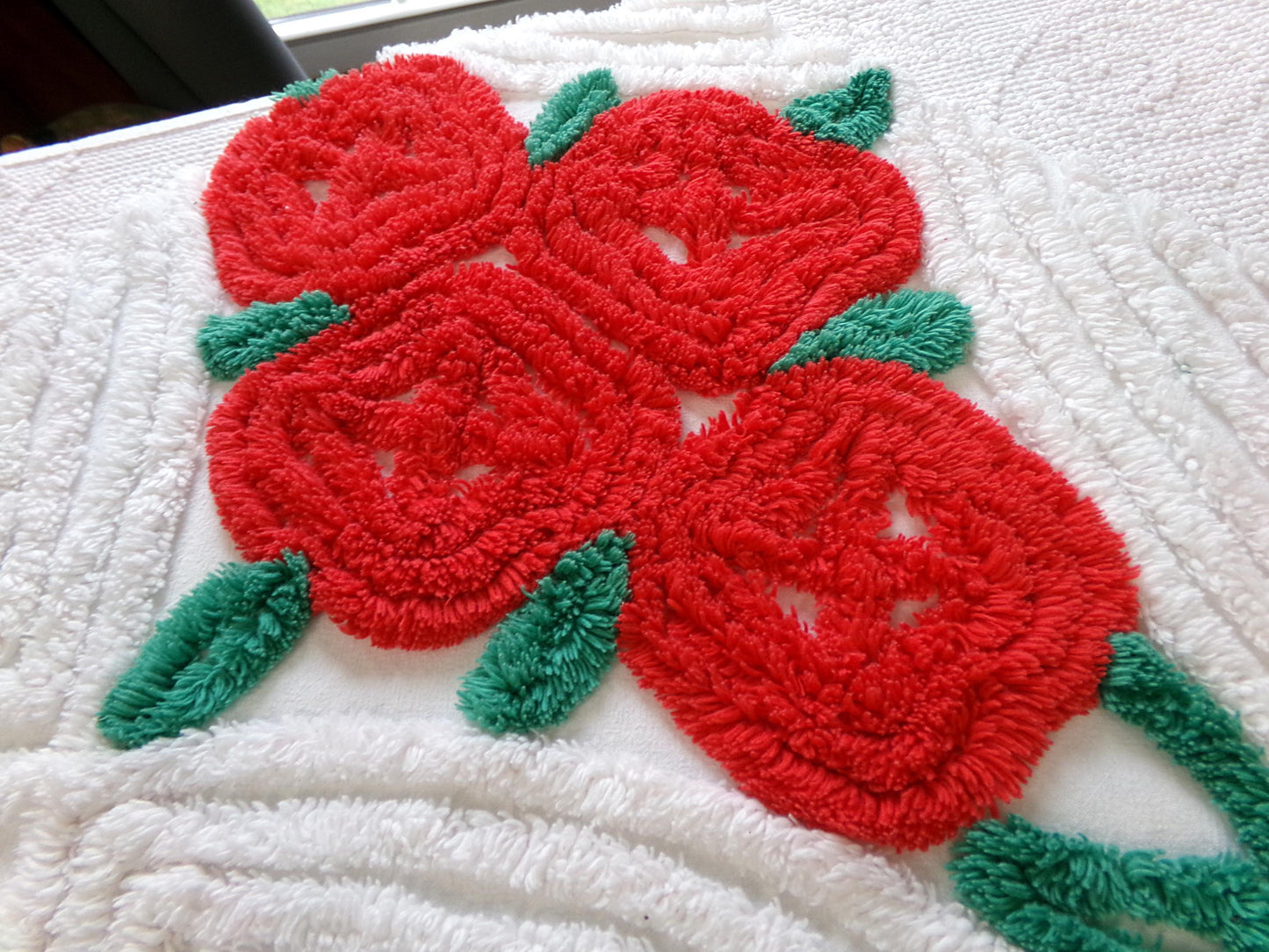 romantic red rose vintage chenille fabric: 25" x 25" piece w/ white swirl tufts & pom pom edge trim