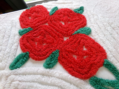 romantic red rose vintage chenille fabric: 25" x 25" piece w/ white swirl tufts & pom pom edge trim