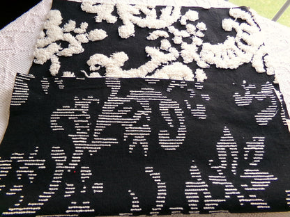 sophisticated black vintage style chenille fabric, cream gothic design, 25" x 18" cut piece of sewing & quilt material