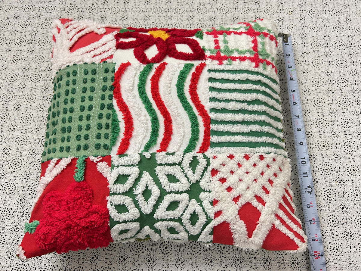 Vintage Christmas Chenille Pillow Cover, 16" Square Reversible Holiday Patchwork Design