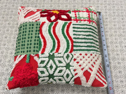 Vintage Christmas Chenille Pillow Cover, 16" Square Reversible Holiday Patchwork Design