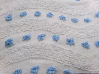 Vintage Chenille Fabric Piece, Shabby Lightweight Blue & White Wave Dots, 16" x 23"