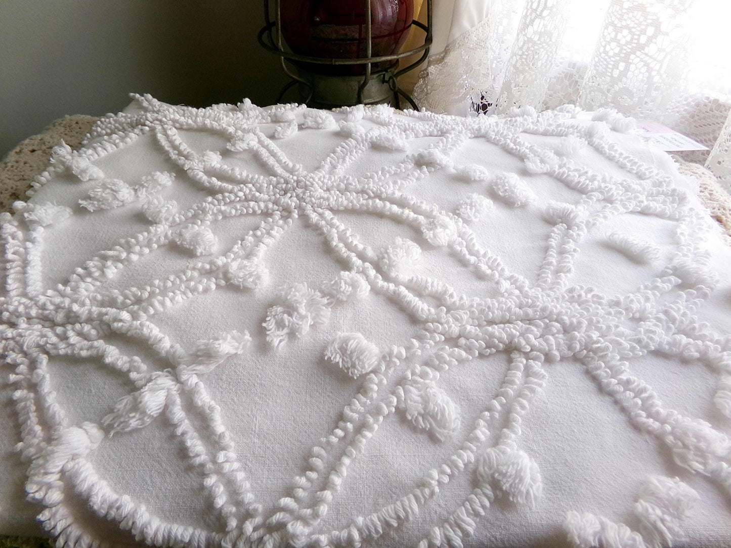 Classic White Vintage Chenille Fabric in Wedding Ring Pops Design, 20" x 25" Inch Piece, Versatile in Pillows, Quilts & Crafts