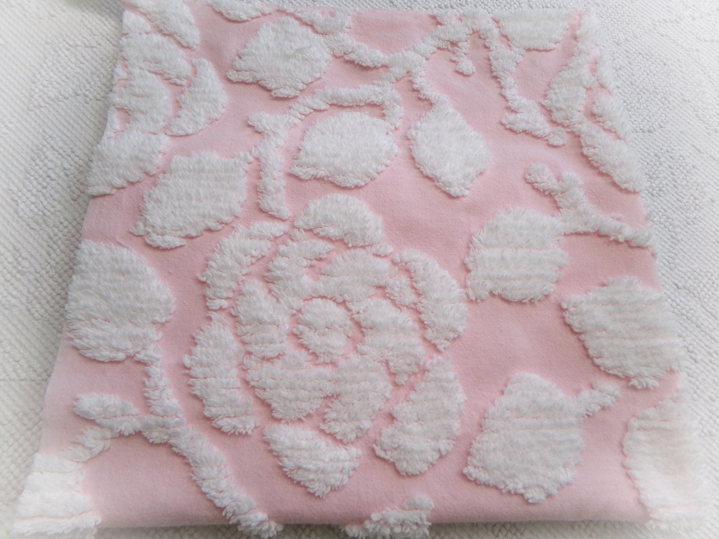 sculpted rose pink vintage chenille fabric, stylized roses cottage chic sewing material, 24" x 20" piece