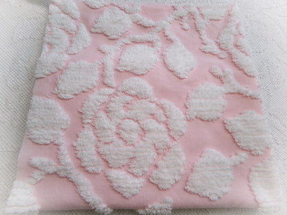 sculpted rose pink vintage chenille fabric, stylized roses cottage chic sewing material, 24" x 20" piece